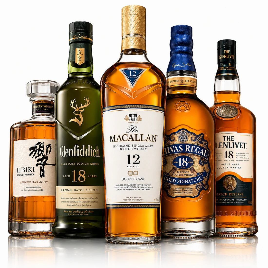 Premium Πακέτο Whisky 5 Φιαλών – Macallan 12, Chivas 18, Glenfiddich 18, Glenlivet 18 & Hibiki